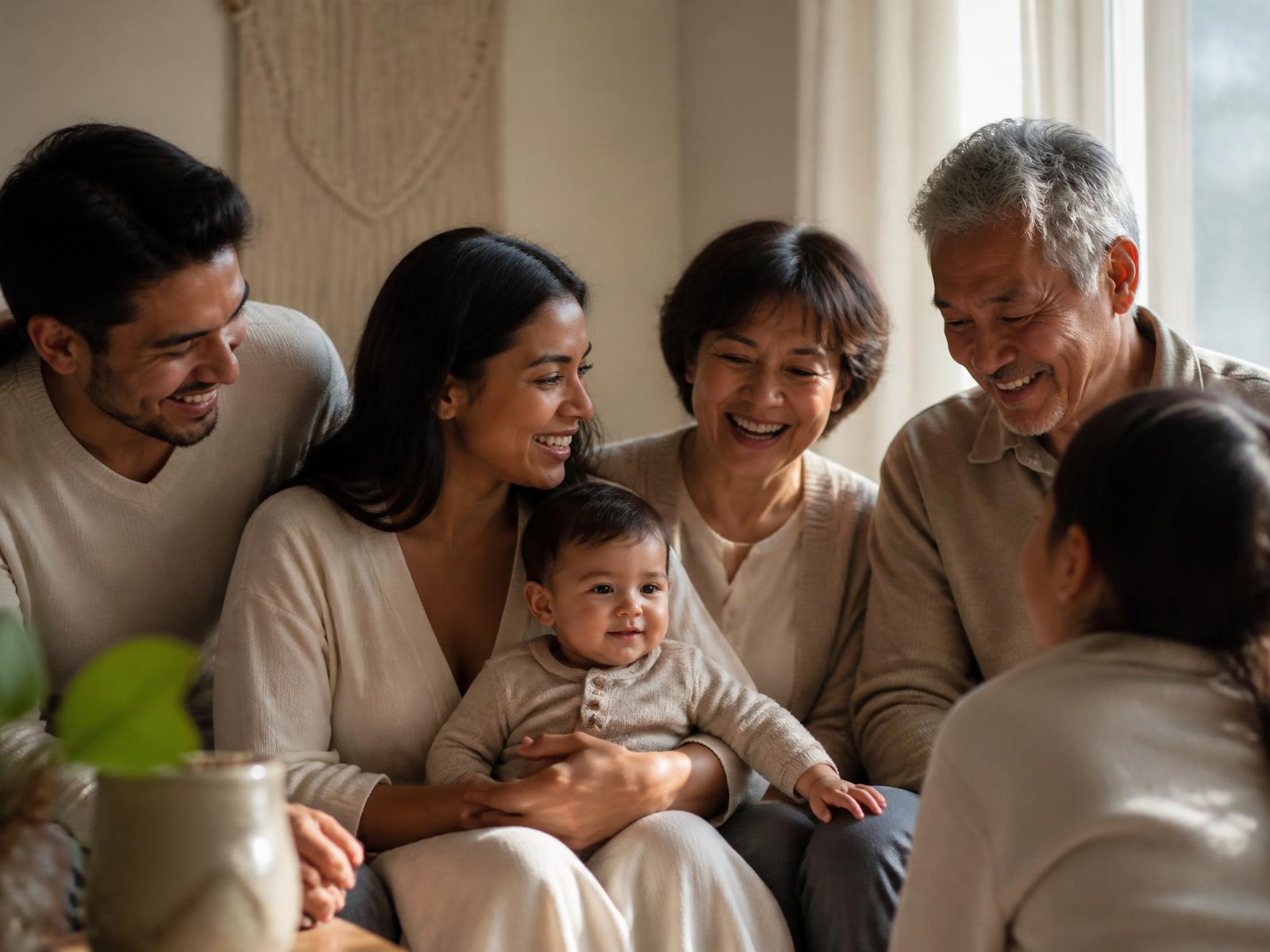 A multi-generational family sitting together in a sunlit living room