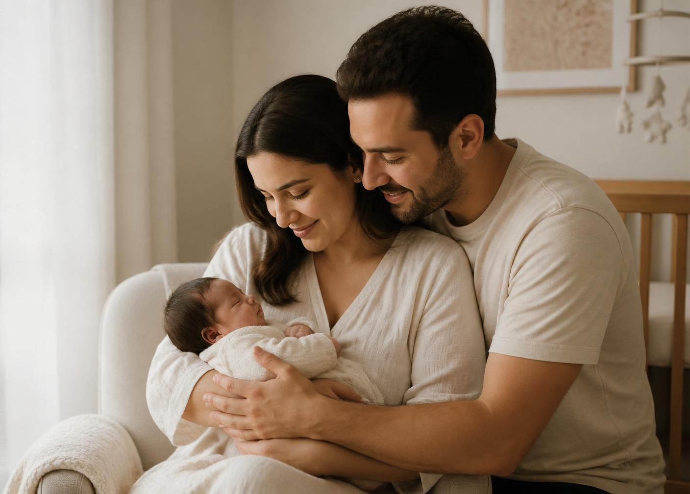 Parents holding their newborn baby in a sunlit nursery